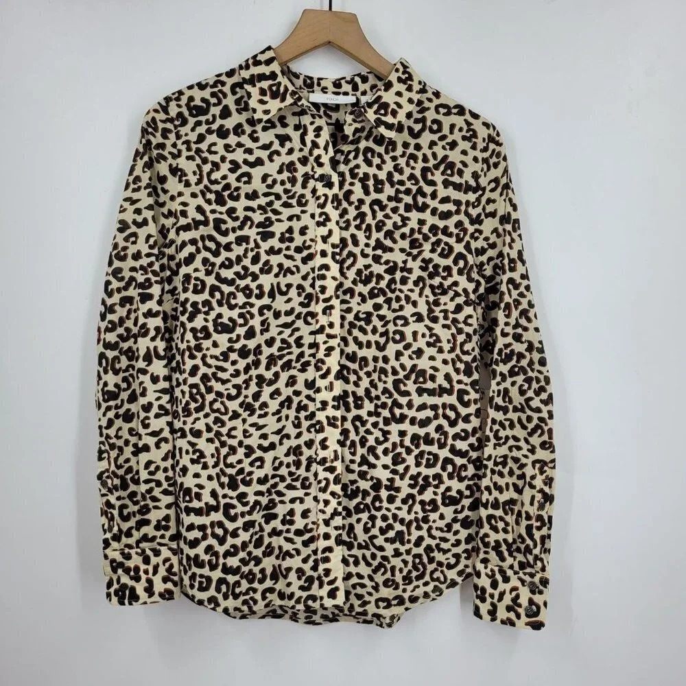 1901‎ Women's Long Sleeve Cotton Voile Blouse In Beige Shadow Leopard Size S NWT